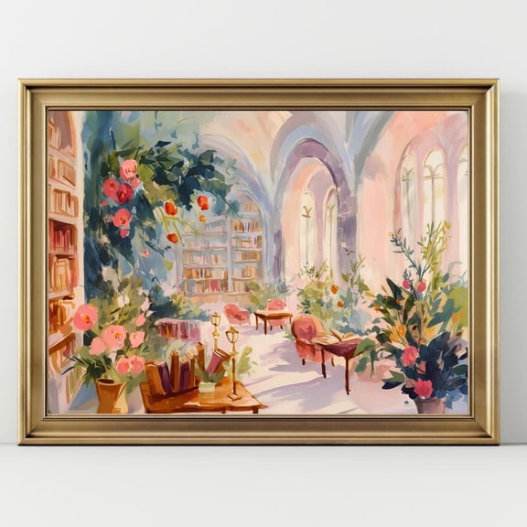 Whimsical Library Art Cozy Reading Room Bookish Wall Art Cottagecore Botanical Decor, UNFRAMED Size 16x16