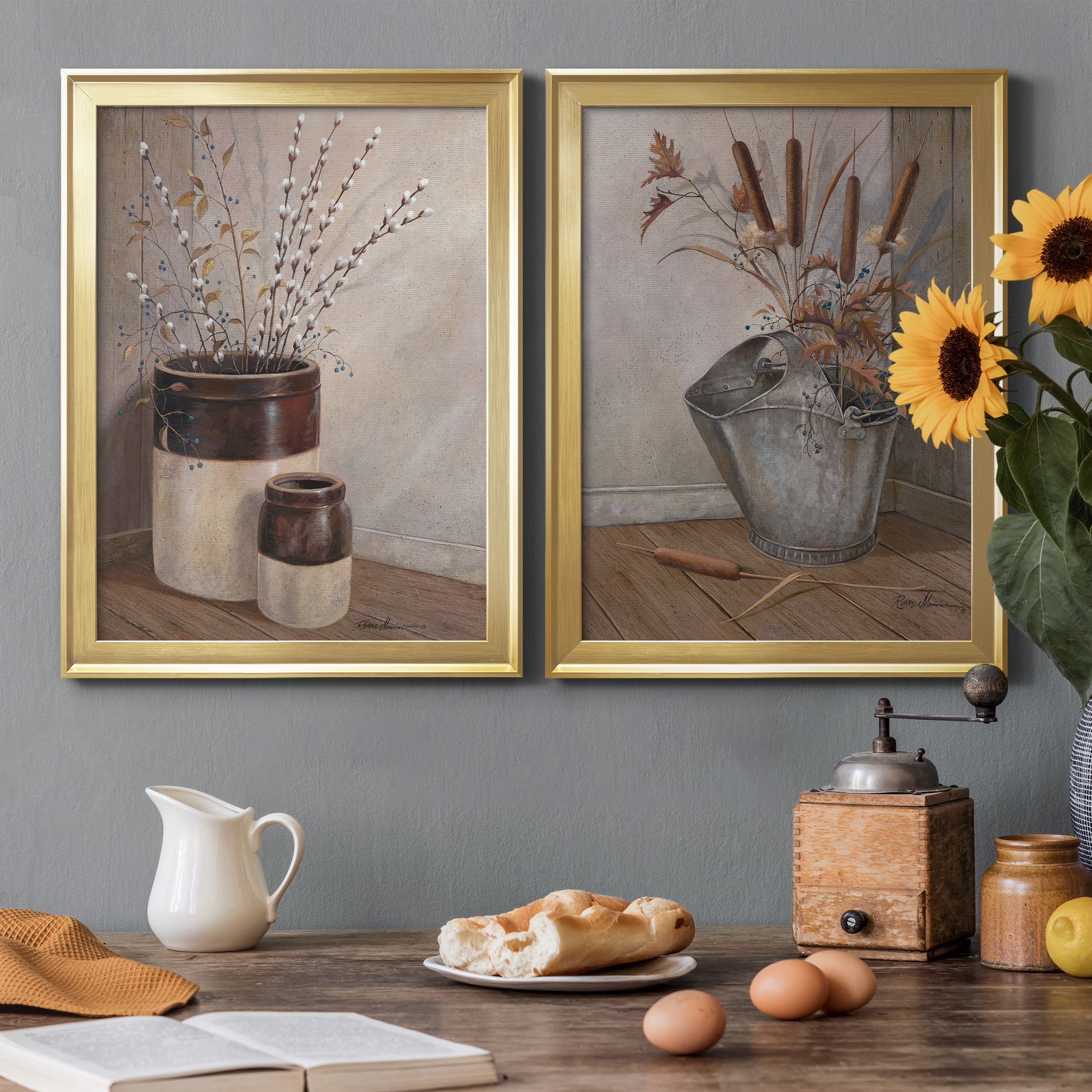 2 Piece Set Pussywillows & Spring Premium Framed Canvas - Ready to Hang - 18.5 x 24.5 Each - Gold Frame