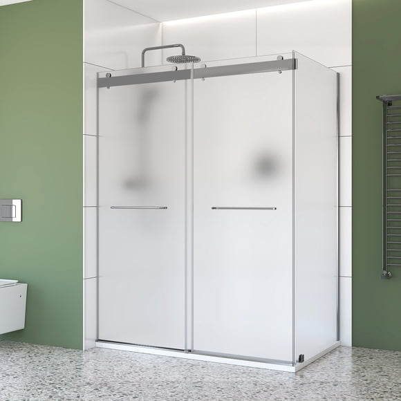 48" x 36" Chrome Corner Sliding Shower Kit – Frameless Double Bypass Doors with 6 mm Frosted Tempered Glass, Left‑Hand Installation & SMC Base