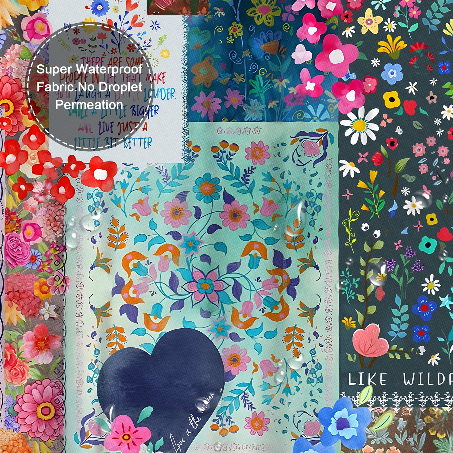 LVRLVR 1/4 Colorful Floral Patchwork & Kindness Affirmation Fabric Shower Curtain Rug Set - Bohemia Flower Bath Mat Bathroom Decoration,Multicolor, 70.8" × 70.8"