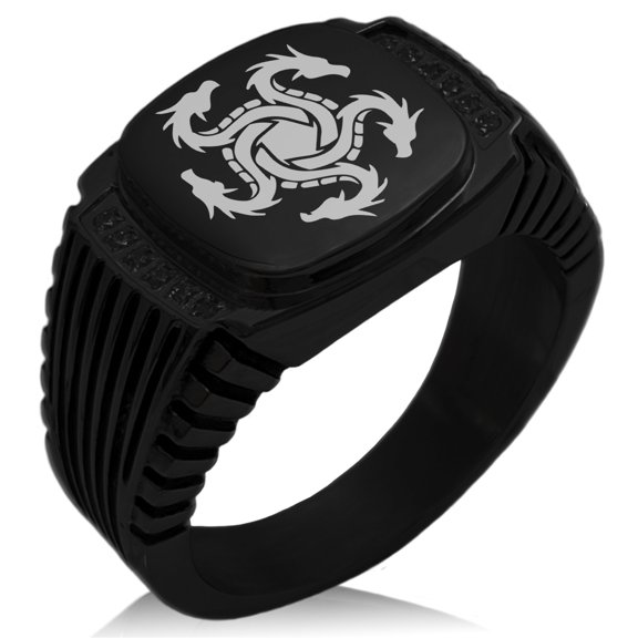 Stainless Steel Greek Mythology Hydra CZ Ribbed Needle Stripe Pattern Biker Style Polished Ring