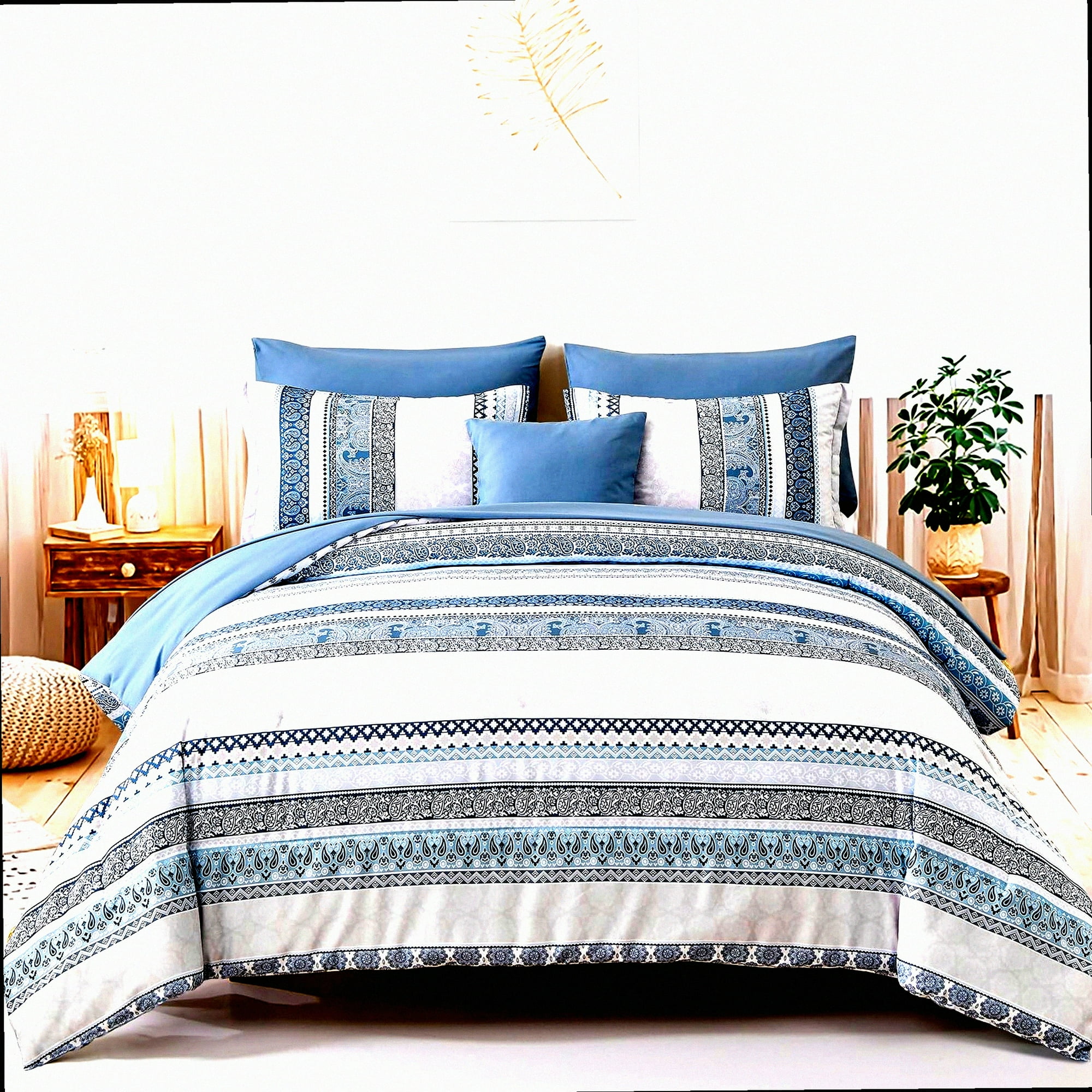 Boho Blue Floral Queen Comforter Set 8 Piece Bed in a Bag