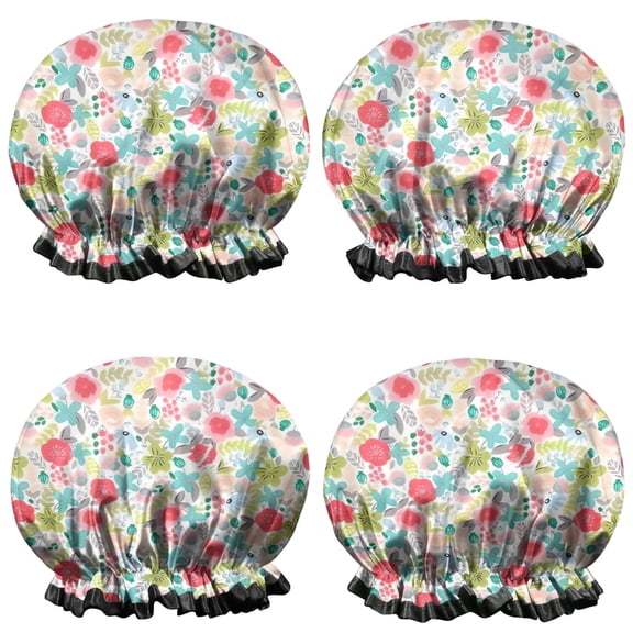 Shower Caps,Pioneer Flower Floral Print Pattern Waterproof Shower Cap for Women 4 Pieces,Double Reusable Hair Cover for Shower PEVA Elastic Stretch Hem
