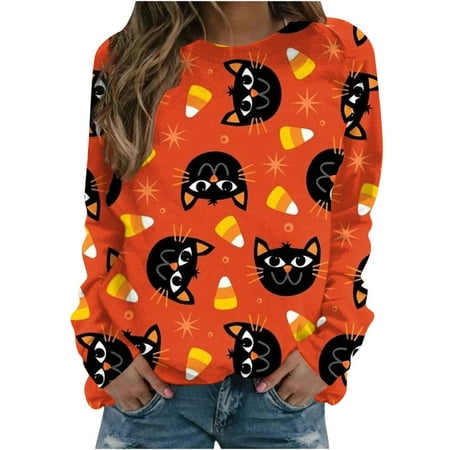 

Bospose Girls Halloween Shirt O-Neck Shirt For Women Long Sleeve Shirt Women Gold Bra Top Women S Spring And Autumn Print Fashion Thin Loose Sweater Lady Spring And Thin Sweater Top Shirt M