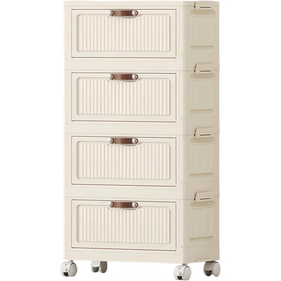 4-Tier Foldable Storage Cabinet with Lockable Wheels & Magnetic Lids, Stackable Storage Bin Organizer, 24QT*4 Pack Storage Box for Living Room, Kitchen, Bathroom