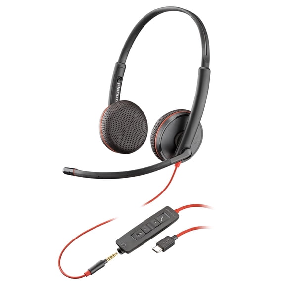 Poly Blackwire 3225 Wired Headset (Plantronics) - Noise-Canceling Mic – Stereo Design - Connect to PC/Mac/Mobile via USB-C, USB-A, or 3.5mm - W