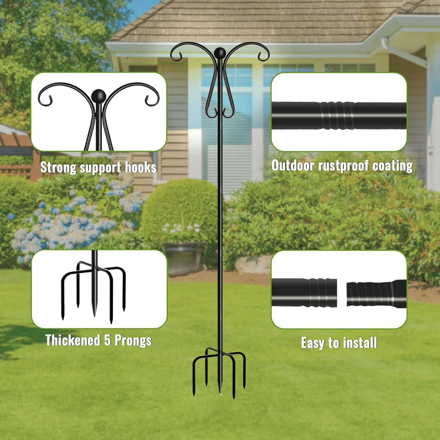 Shepherds Hooks for Outdoor, 92 Inch Heavy Duty Bird Feeder Pole with 5 Prongs Base, Adjustable Shepherds Hook for Hanging Birdhouses, Lanterns, Plant Baskets, Wind Chimes