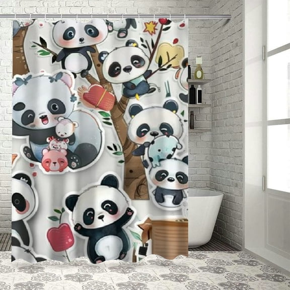 Patifu Pandas Bathroom Décor Set with Hooks, Stylish Graphic Print Polyester Shower Curtain for Bathroom, 100% Waterproof Fabric Shower Curtain Set with Rings 36"x72