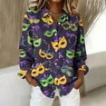 thumbnail image 2 of LEKWK Mardi Gras Shirts for Women Fun Party Food Graphic Print Dress Blouses Long Sleeve Button Down Casual Daily Outfits, 2 of 8