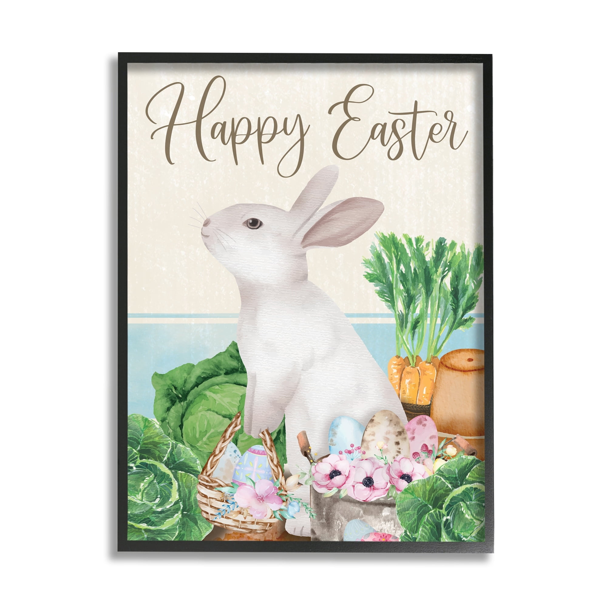 Stupell Industries Happy Easter Bunny Rabbit Greens Eggs Basket Graphic Art Black Framed Art Print Wall Art, 16x20, by ND Art