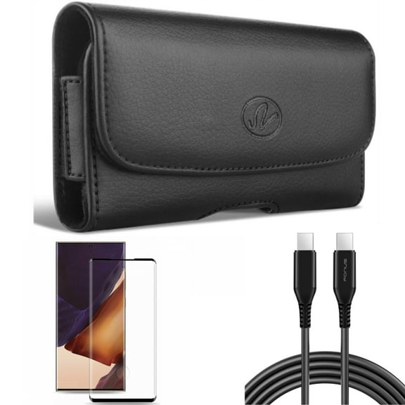 Screen Protector & Case Belt Clip & 6ft Long USB-C Cable for Samsung Galaxy Note 20 Ultra (6.9") - Combo with Tempered Glass (Fingerprint Unlock) & Leather Swivel & PD Fast Charger Cord Power