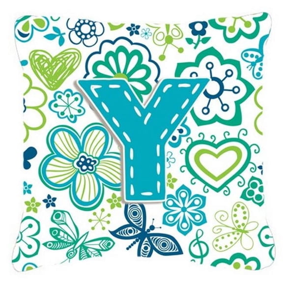 Letter Y Flowers and Butterflies Teal Blue Canvas Fabric Decorative Pillow CJ2006-YPW1818