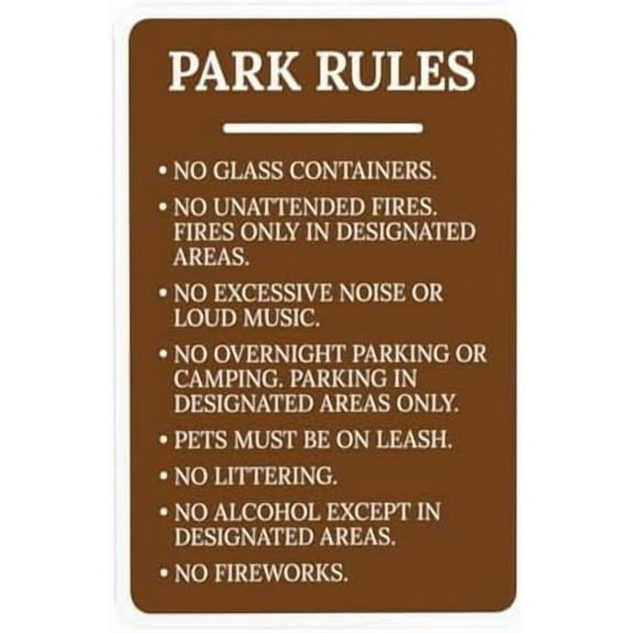 Park Rules No Glass Containers No Unattended Fires Warning Sign, Rules Security Metal Signs for Outdoor Indoor Yard Garage Home Busines Street Wall Caution Decor 8 x 12 Inch