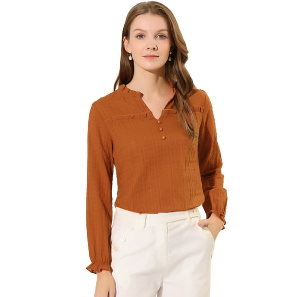 Blusa con cuello en V Allegra K con volantes y puntos suizos ahuecados para mujer Marrón M