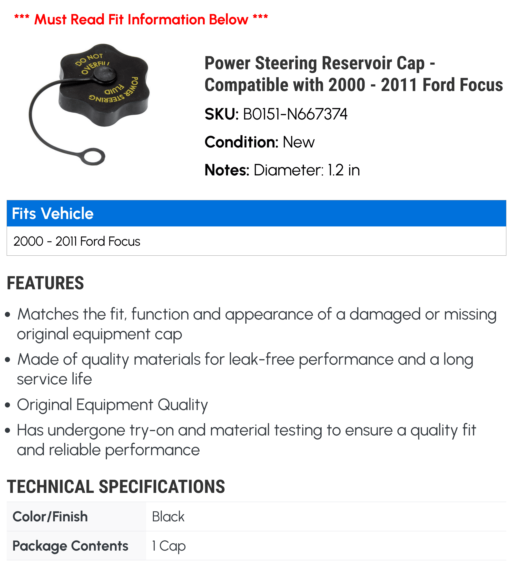 Power Steering Reservoir Cap - Compatible with 2000 - 2011 Ford Focus 2001 2002 2003 2004 2005 2006 2007 2008 2009 2010