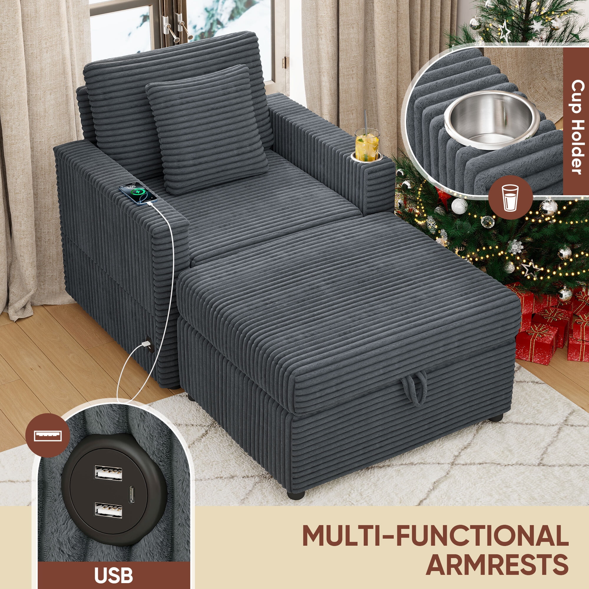 Lunale Accent Chair with Storage Ottoman, Indoor Lounge Chair with USB & Table Board, Cozy Corduroy Sofa Armchair for Living Room, Gray