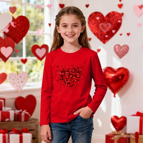 Valentines Day Shirt for Girls Long Sleeve Red Heart Print Top Kids 3-14 Years Holiday Party School Outfit,Size 3-4 T