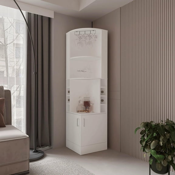 Wooden Cabinets, White Corner Bar Cabinet with Wine Storage and Glass Rack, White Living Room Cabinets,Particle Board Cabinets With Doors, Furniture Primary Living Space Cabinets