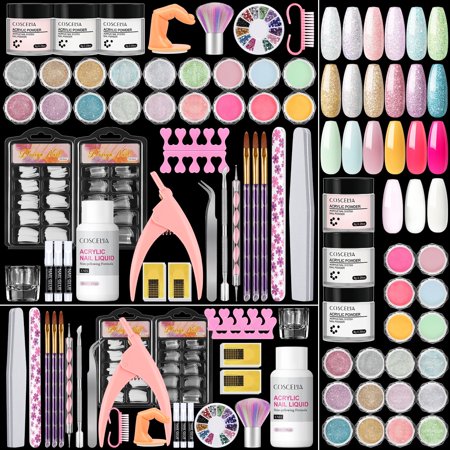 COSCELIA Acrylic Nail Kit Pink White Clear Acrylic Powder, 18 Colors Nail Glitter Powders False Nail Tips Nail Decorations Manicure Tools for Nail Art Design Supplies Set DIY Gift forWomen