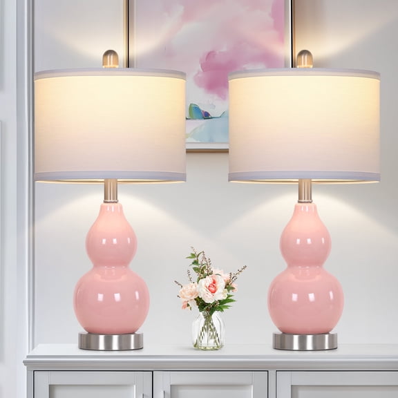 Cinkeda 22" Coral Pink Ceramic Table Lamps Set of 2, 2-Level Rotary Switch Bedside Nightstand Lamps with Gourd-Shaped Body & Silver Base for Living Room
