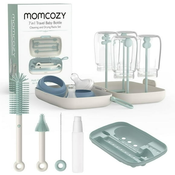 Momcozy Portable Bottle Brush Set - Baby Bottle Cleaner Kit with Silicone Brush Drying Rack - 6 in 1 Bottle Cleaning Tool for Home and Travel