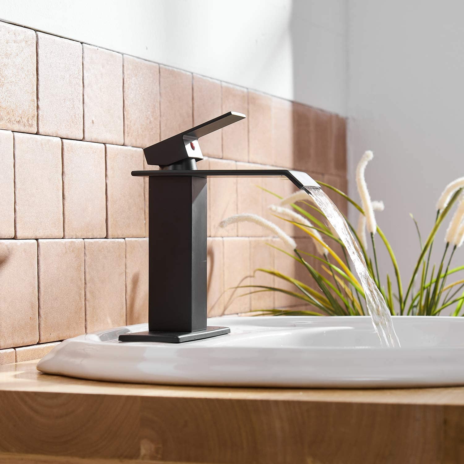 BWE Matte Black Bathroom Faucet Modern Waterfall Single Hole Bathroom Sink Faucet Parts Square Spout Bath Lavatory Vanity and Supply Hose Single Handle