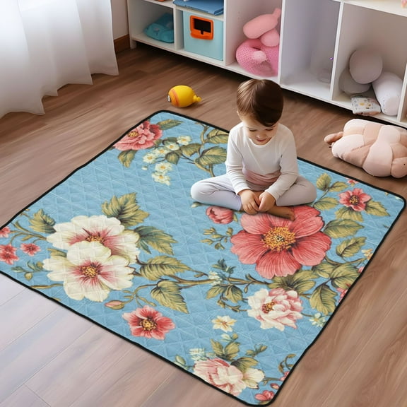 WOBOGO Red and White Vintage Flowers Baby Playmats Extra Large Waterproof Rollable Activity Pads for Toddlers 50×50inch