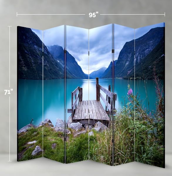 6 Panels Privacy Screen Room Divider Partition with Lake Dock Canvas, Water Resistant for Living Room, Bathroom, Home Office or College Dorm, Wood Frame