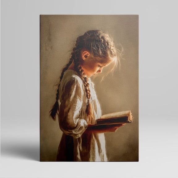 1pc Vintage - style Canvas Painting of a Young Girl with Braids Reading a Book, framed Decor room hanging Wall Picture Decor for Home Gifts, living room, bathroom, bedroom, kitchen wall art decor