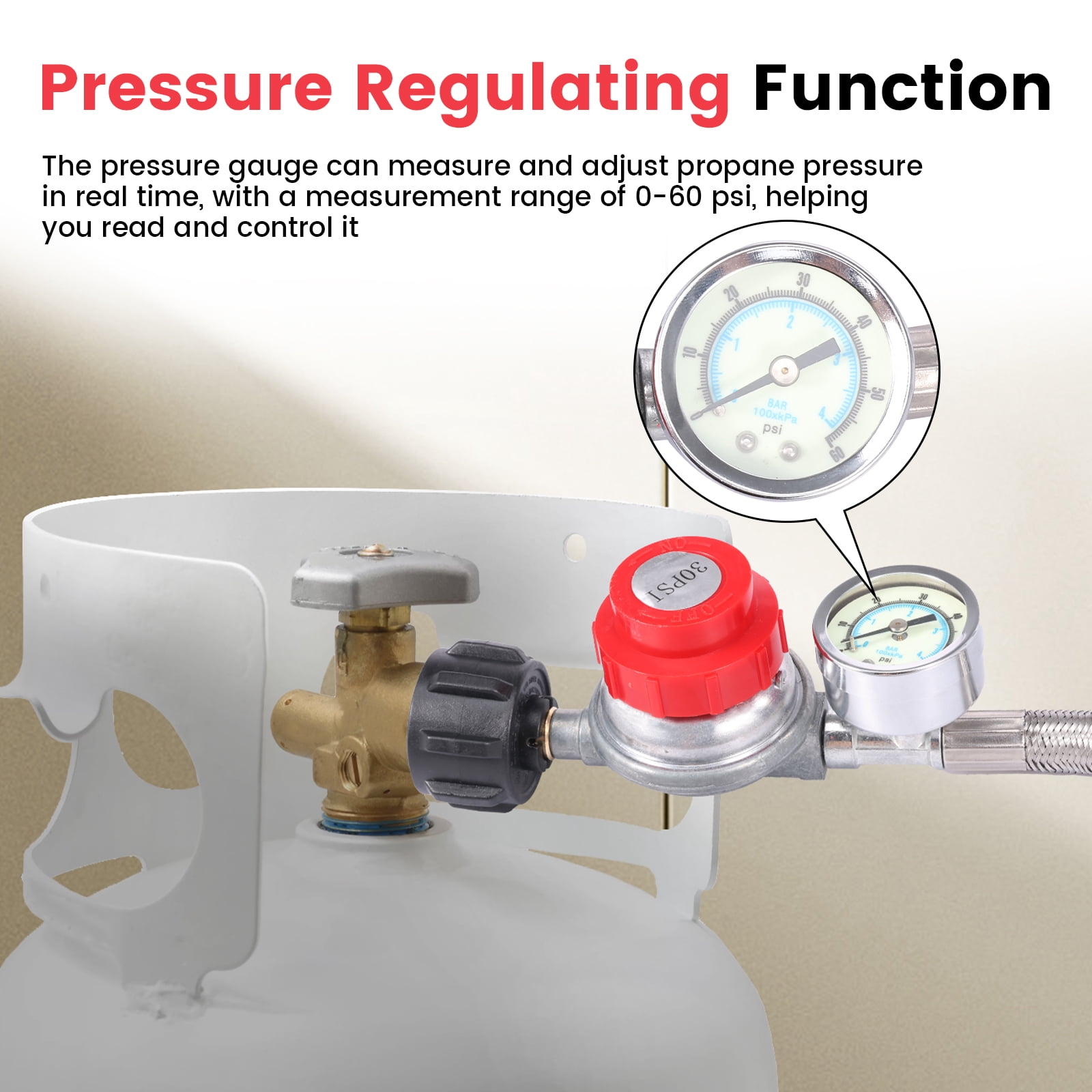 5 FT Adjustable Propane Regulator Hose with 0-60PSI Gauge 0~30PSI Adjustable 3/8" Female Flare Gas Grill Regulator for Gas Tank Cooker