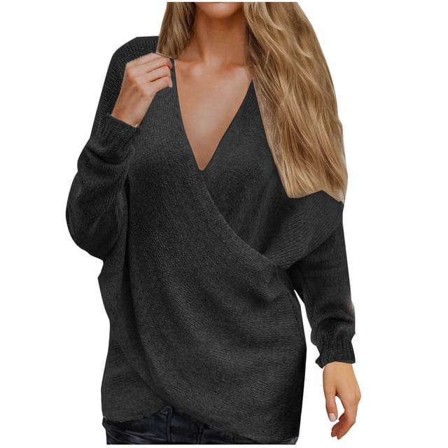cfhntfmh Womens V-Neck Wrap Sweaters Long Sleeve Front Cross Loose Knitted Pullover 2024 Fall Winter Clothes