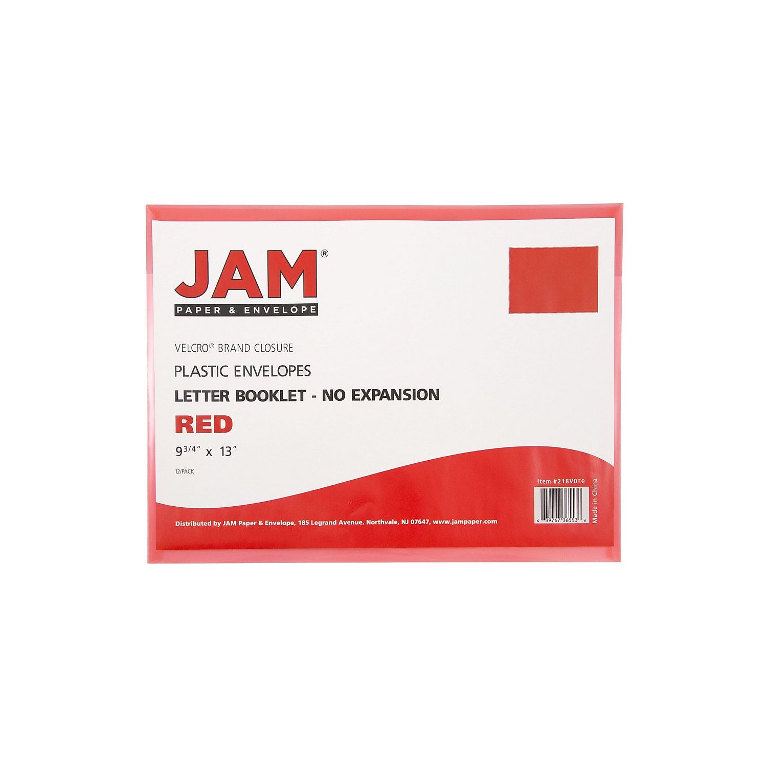 JAM Paper Plastic Hook & Loop Envelopes, 9.75 x 14.5, Red, 12 per Pack