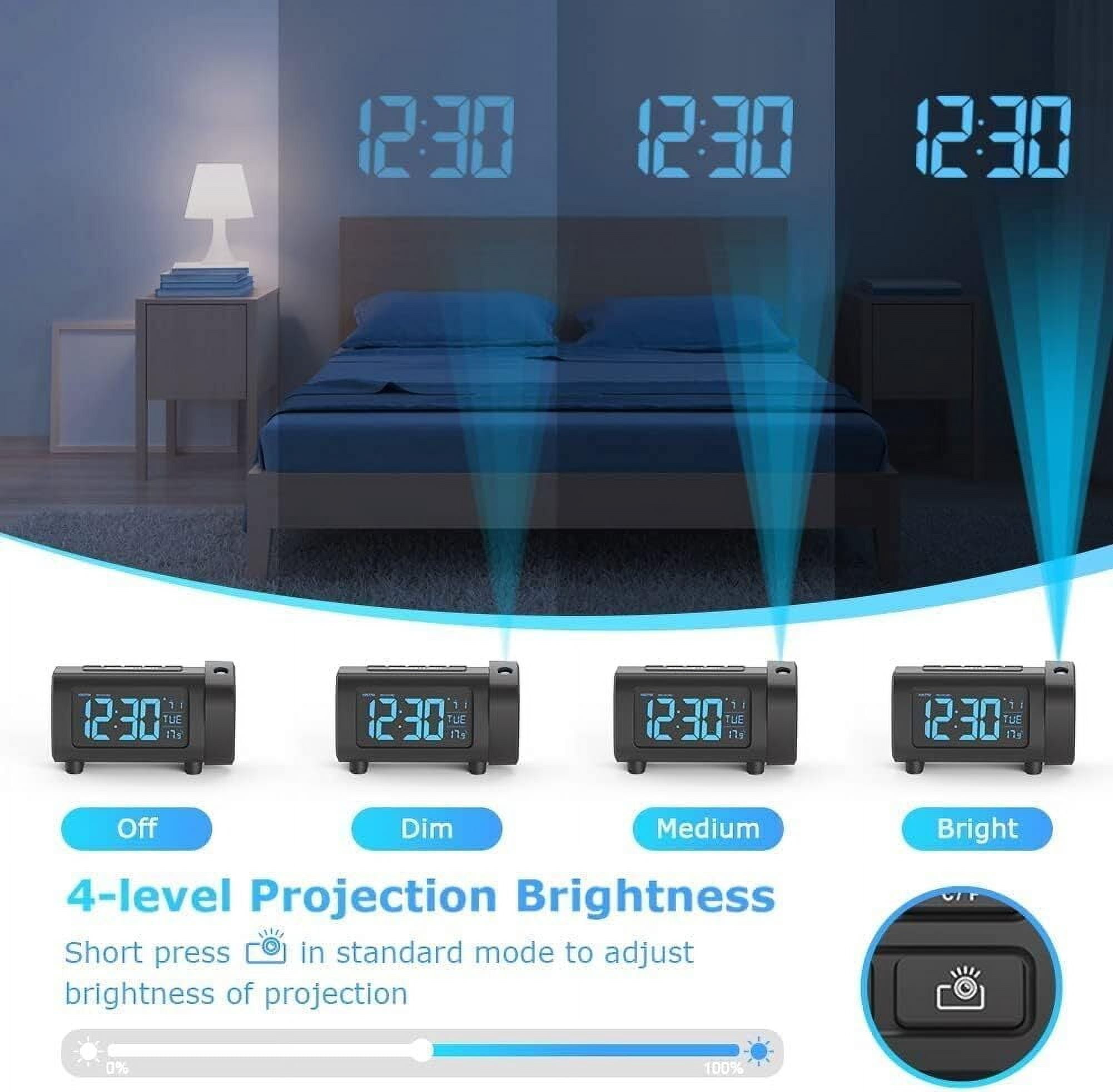 VOCOO Projection Alarm Clock, LED Display Radio Alarm Clock with USB Charger Port, 180° Projector and 4 Dimmer Settings