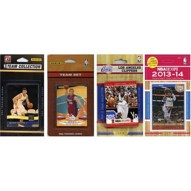 juego de cartas coleccionables nba los angeles clippers, 4 sets diferentes Cuatro paquetes frontales alineados de cartas oficiales de Los Angeles Clippers con diseños distintos por año; empaques colgantes con logos NBA y Panini, fotos de jugadores en acción y rótulos de 'team set' y 'Hoops'.