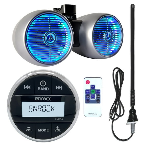 Enrock EM856 Waterproof Bluetooth Marine Gauge Style MP3 Media Receiver Bundle Combo With 6.5" Inch 400 Watt Dual Wakeboard Multi Color LED Light Boat Tower Speakers + Enrock 22" AM/FM Radio Antenna