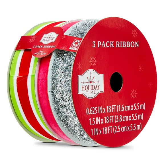 Assorted Sassy Santa Christmas Ribbons, 18', 3 Count, by Holiday Time