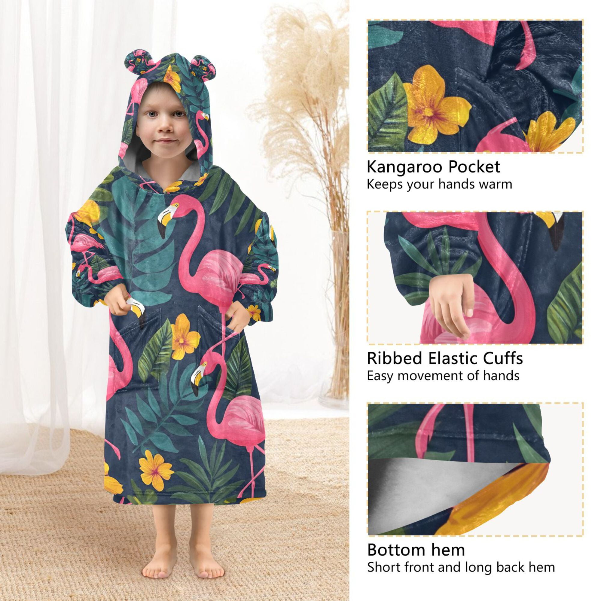 FORMRS Wearable Blanket Hoodie with Sleeves for Kids Cozy Flannel Sweatshirt, Yellow Floral Flamingo