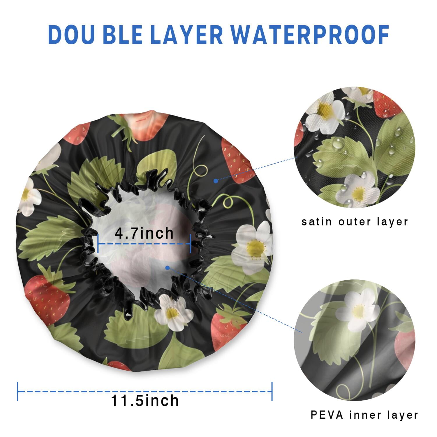 Shower Caps,Red Strawberry Plants Fruit Leaf Black Pattern Waterproof Shower Cap for Women 4 Pieces,Double Reusable Hair Cover for Shower PEVA Elastic Stretch Hem