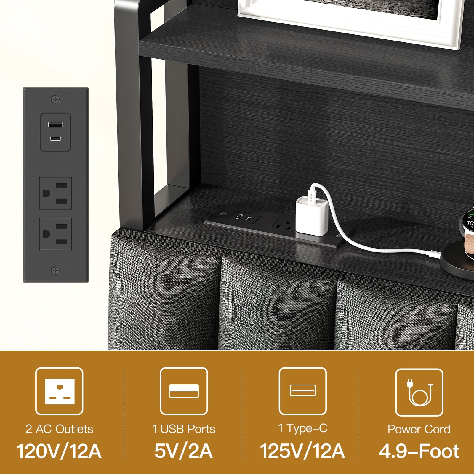 TEENFON Queen Bed Frame with Charging Station & LED Lights, Bed Frame Queen Size with 4 Storage Drawers, Upholstered Headboard with Shelves, Black, Noise Free