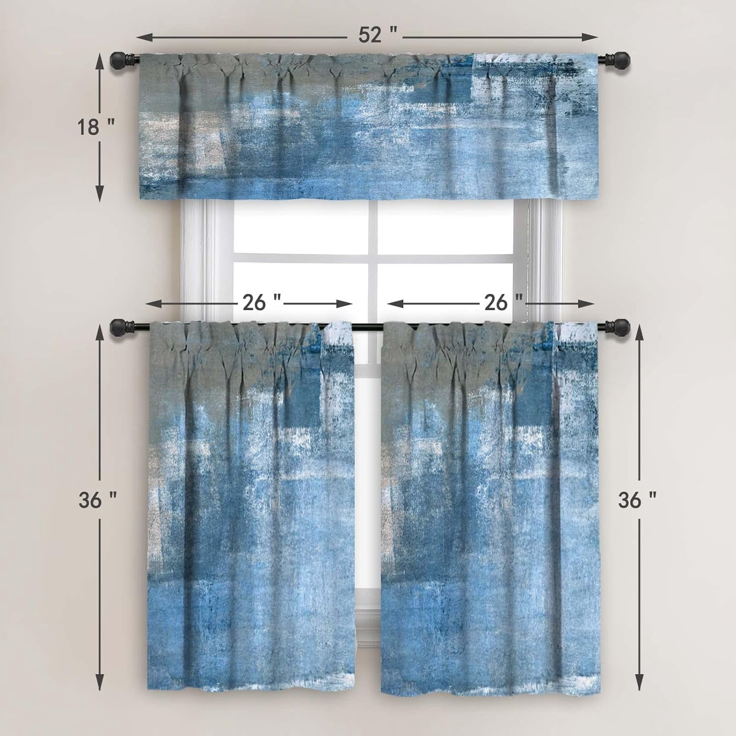 Grey and Blue Blackout Kitchen Curtains Tiers and Valances Set 3 Piece for Windows Modern Art Kitchen Window Curtains Set,Trendy Abstract Valances for Living Room(36" Tiers Set)