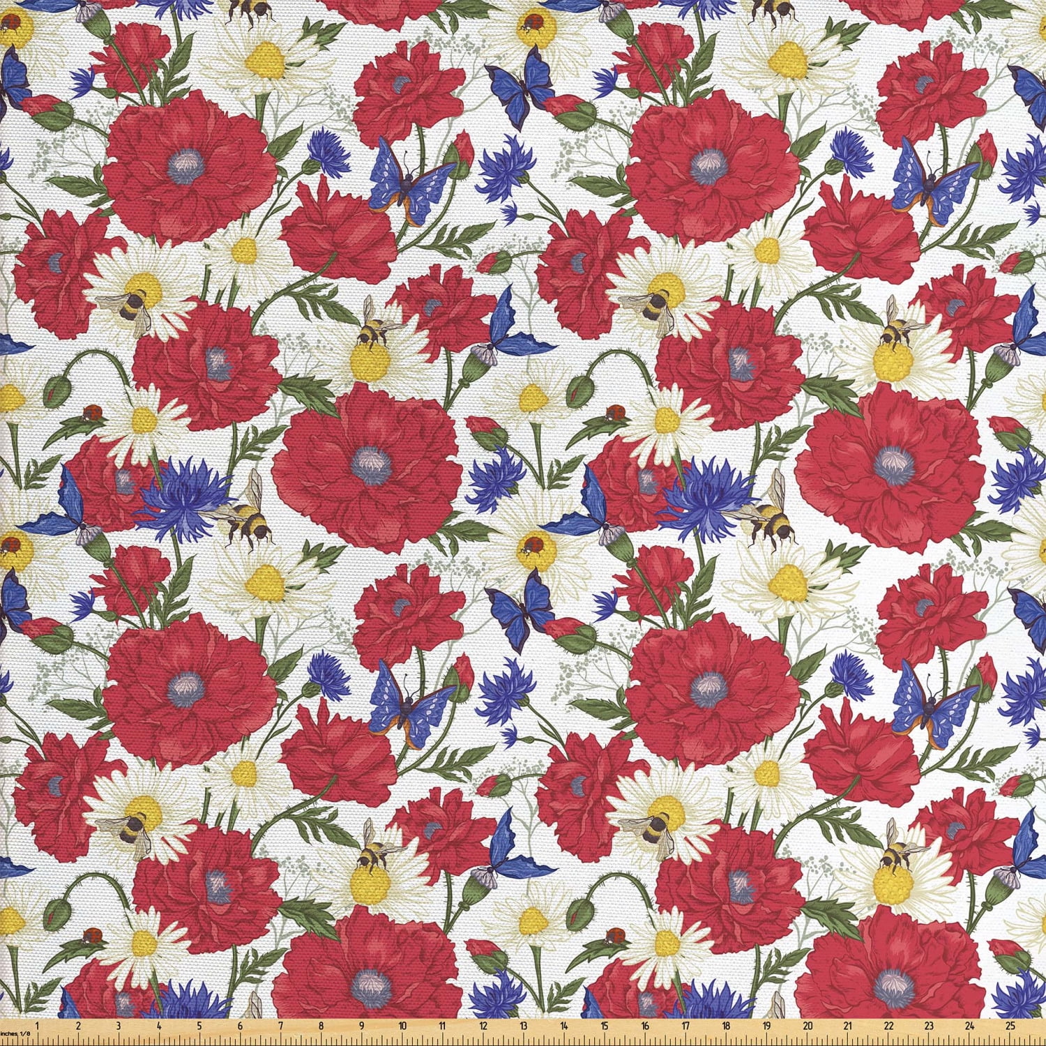 Poppy Fabric by The Yard, Vintage Style Summer Season Composition with