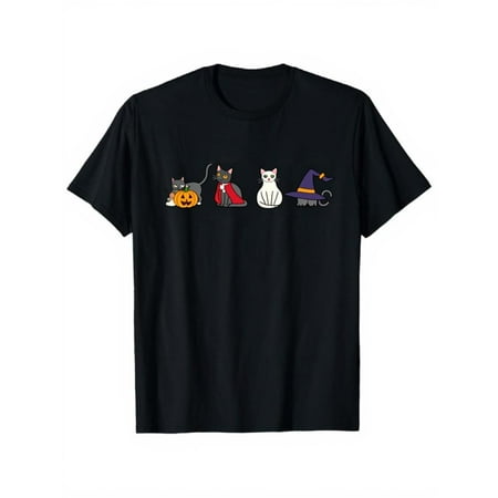 Halloween Cat Witch T Shirt Kitten Broomstick Jack O Lantern Print Tee For Party Short Sleeve Round Neck Black S-5XL