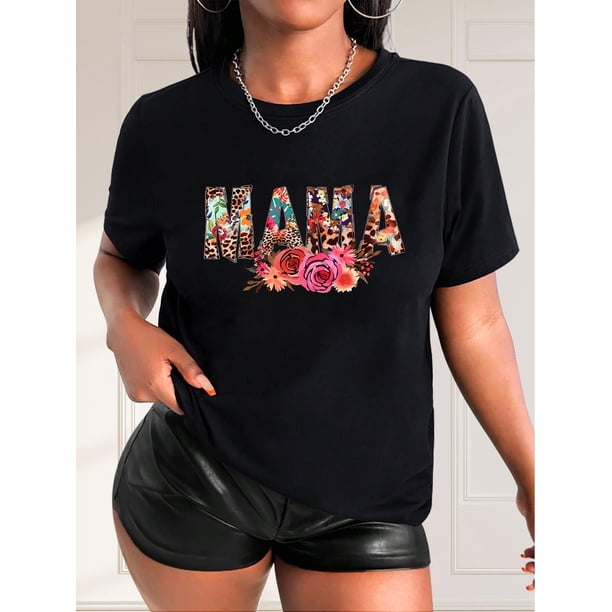 Especial del Día de la Madre: Camiseta informal negra con estampado floral y leopardo "MAMA" para mujer. Algodón suave, cuello redondo, manga corta, lavable a máquina.