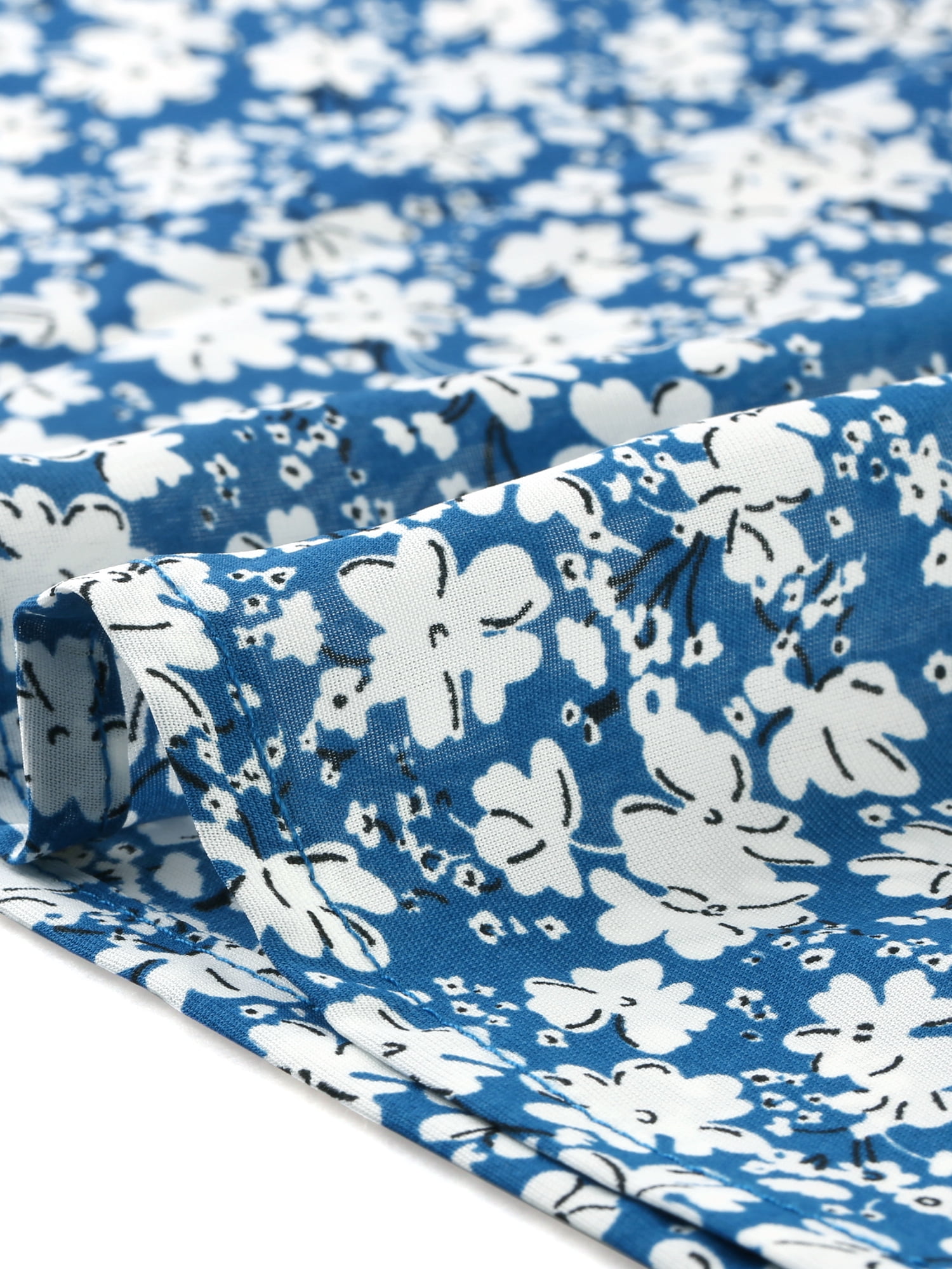Unique Bargains Women's Floral Print Top Tiered Sleeve Button Down V Neck Blouse Blue S