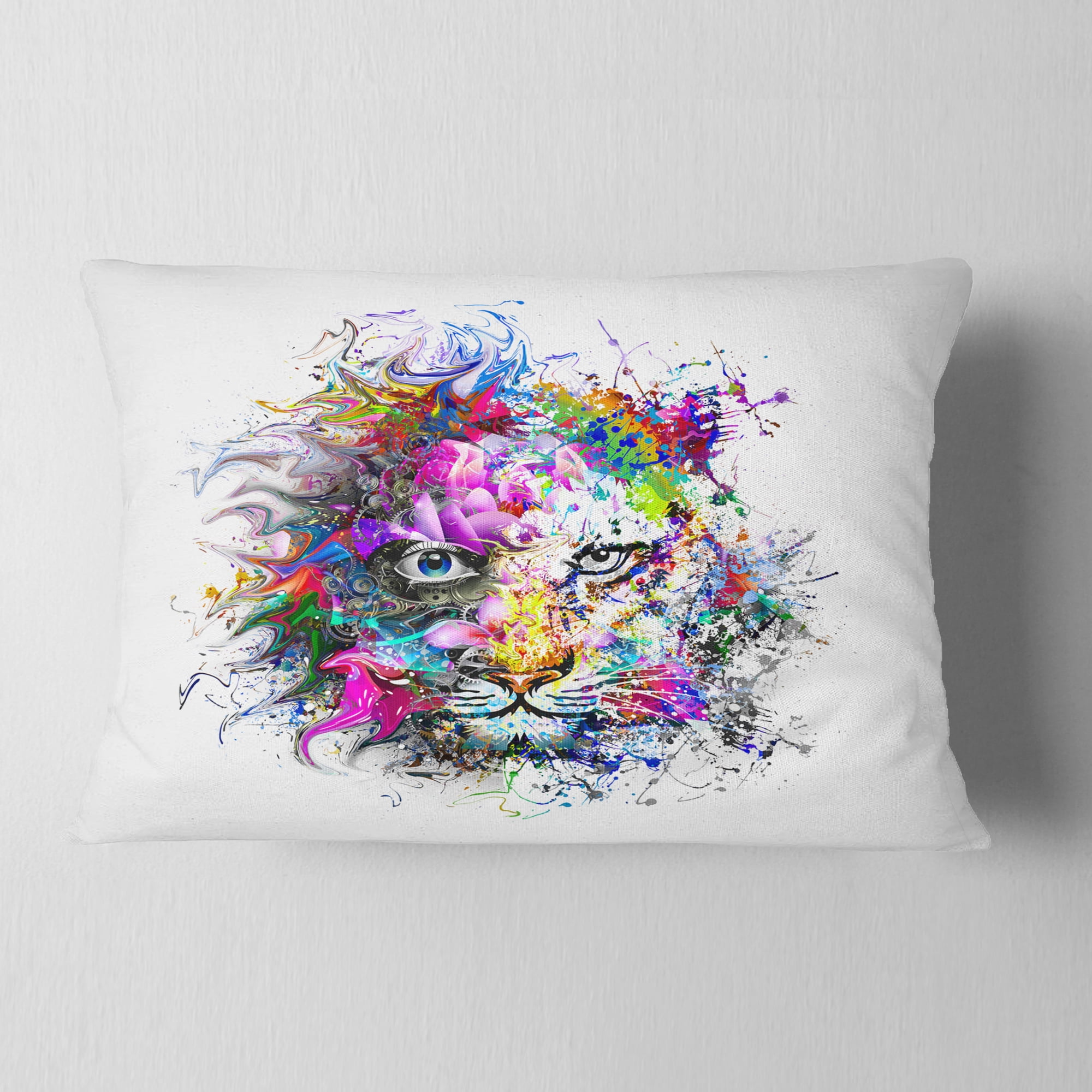 Designart Tiger Face in Colorful Splashes - Abstract Throw Pillow - 12x20