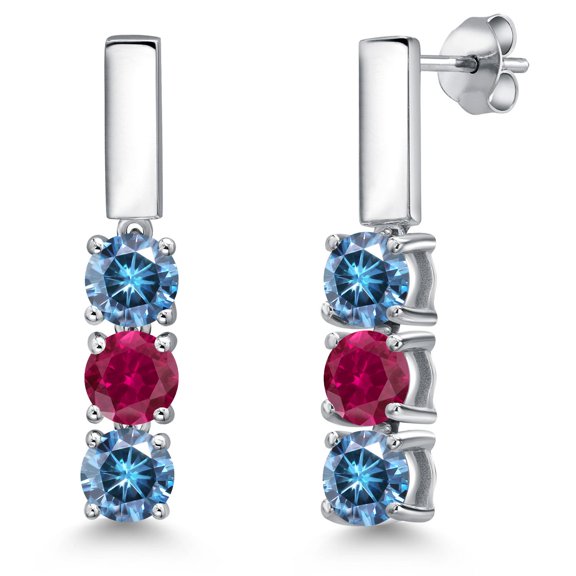 Gem Stone King 925 Sterling Silver Persian Blue Moissanite and Red Created Ruby Drop Dangle Earrings for Women | 1.60 Cttw | Gemstone Birthstone | Round 5MM