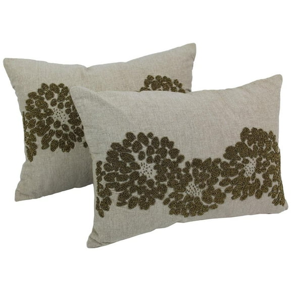 Blazing Needles 18" x 13" Chambrey Throw Pillows in Natural with Gold Beads (Set of 2)