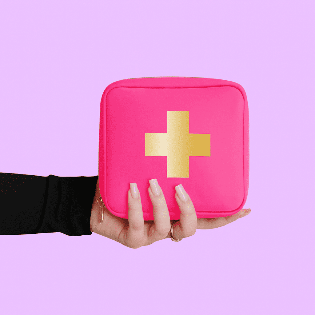 (4 pack) BLINGSTING Car First Aid Kit - 90 Pieces Included, Pink, 1 Count, 5 in x 5 in 2 in