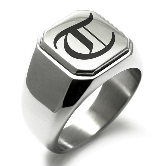 Tioneer Stainless Steel Letter T Initial Old English Monogram Engraved Engraved Square Flat Top Biker Style Polished Signet Ring