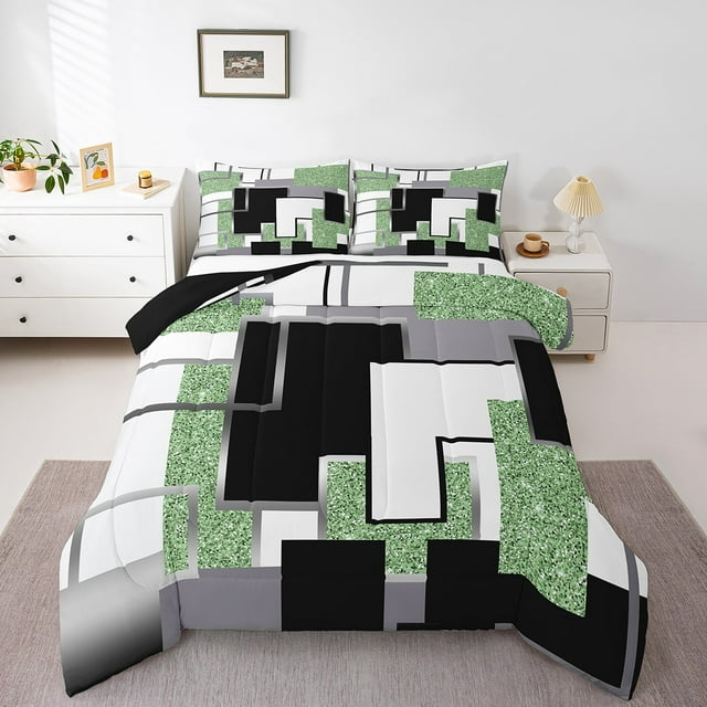 YST Lime Green Black Grey Comforter Set Full Abstract Geometric Checkered Bedding Set Square Sequins Down Comforter For Kids Adults,Geometry Grid Bed Set For All Season Room Decor